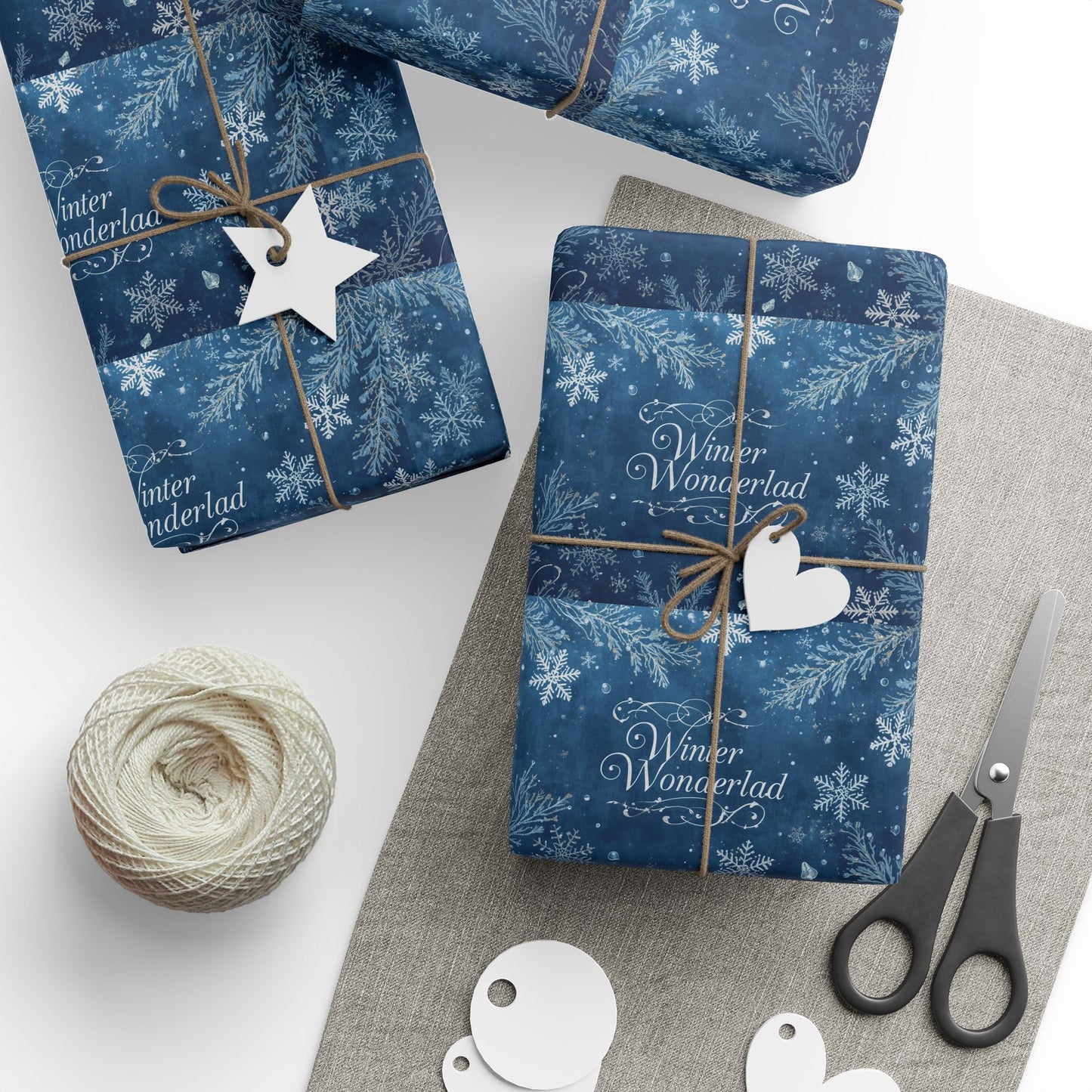 Wrapping Paper — Blue Snowflake Holiday Gift Wrap with "Happy Holidays" Script