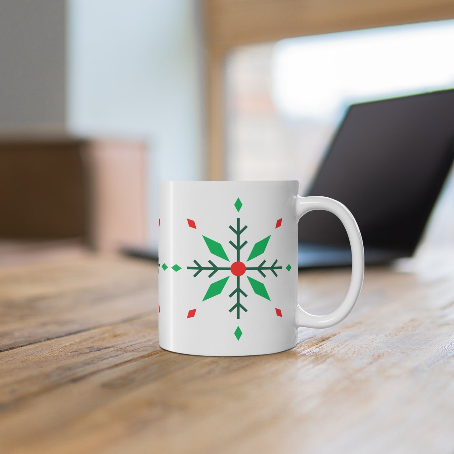 Holiday Snowflake Mug — Festive Red & Green Christmas Coffee Cup
