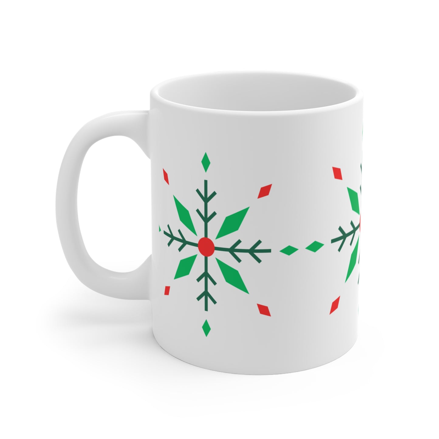 Holiday Snowflake Mug — Festive Red & Green Christmas Coffee Cup