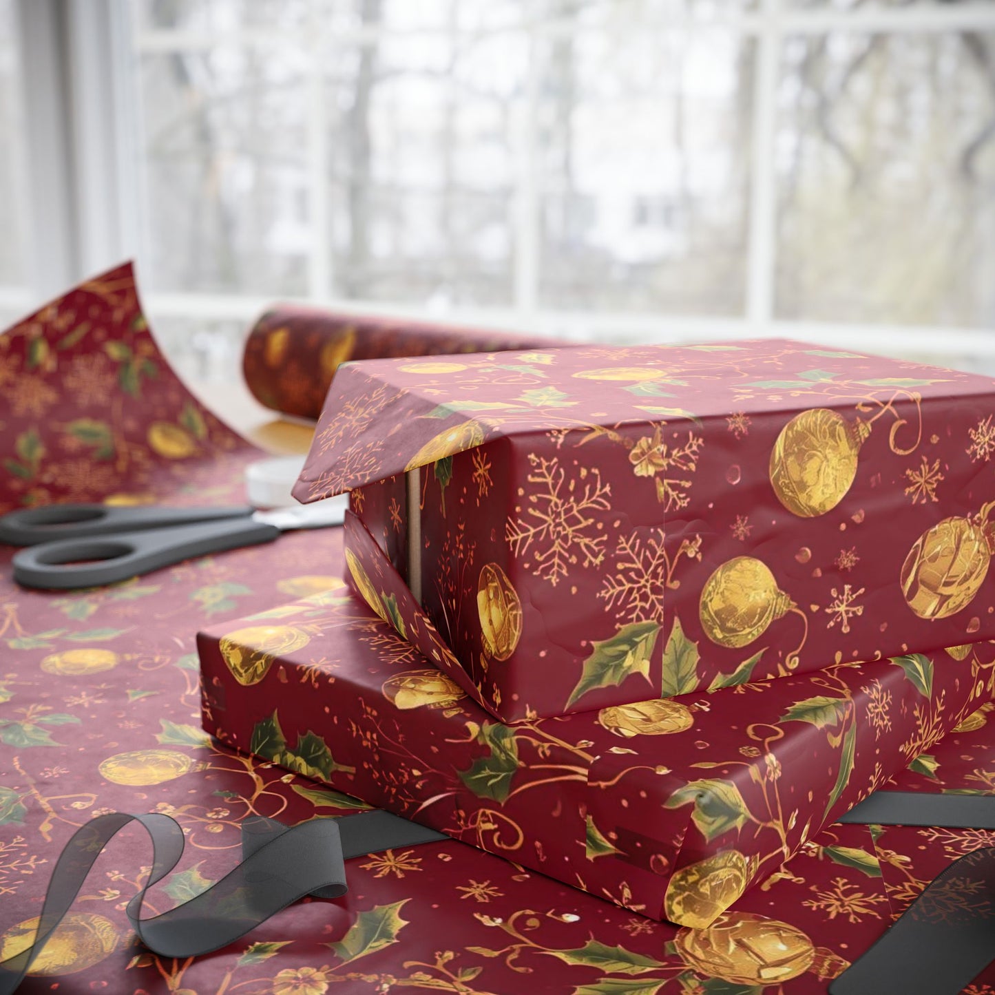 Holiday Ornament Wrapping Paper — Red & Gold Bauble Pattern