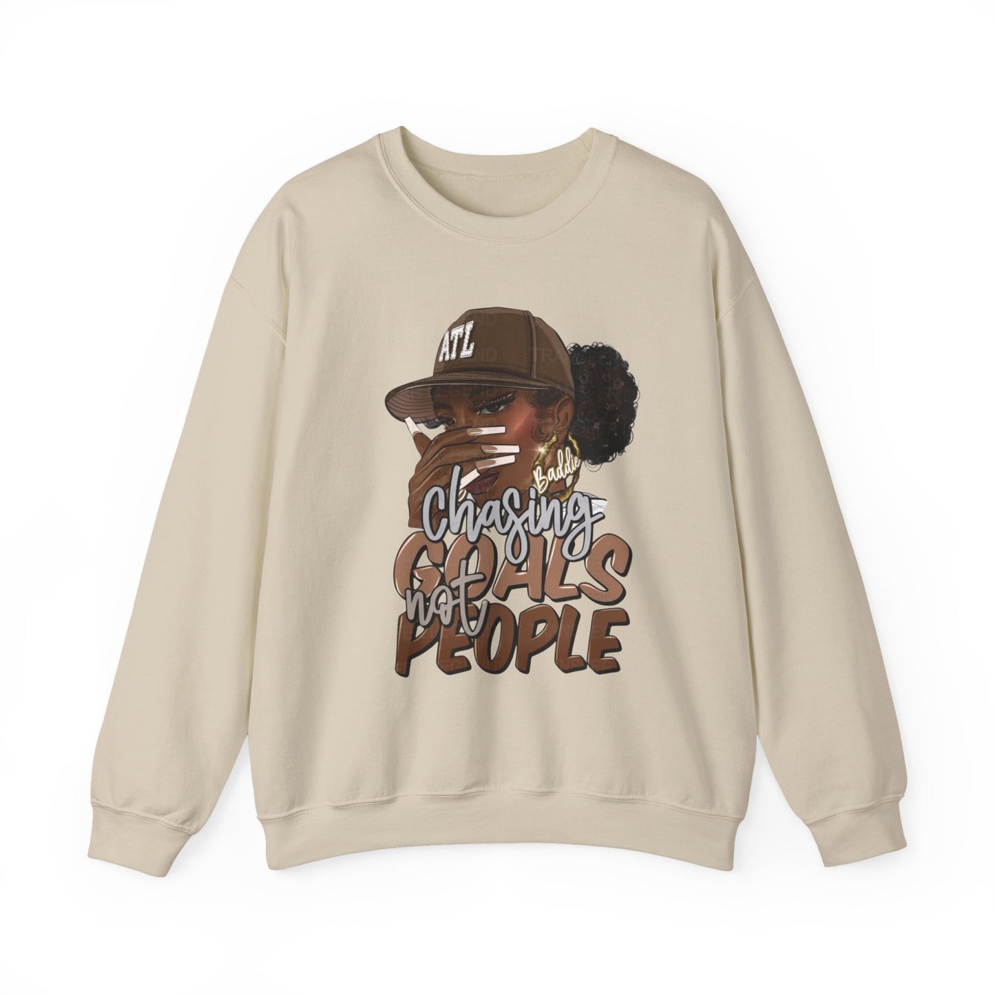 Crewneck Sweatshirt — "Chasing Goals Not People" Graphic (Girl with Cap)