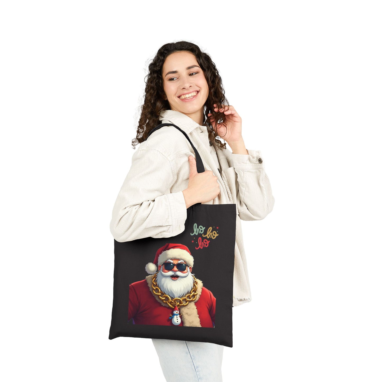 Santa with Gold Chain Tote Bag – "Ho Ho Ho" Christmas Canvas Tote