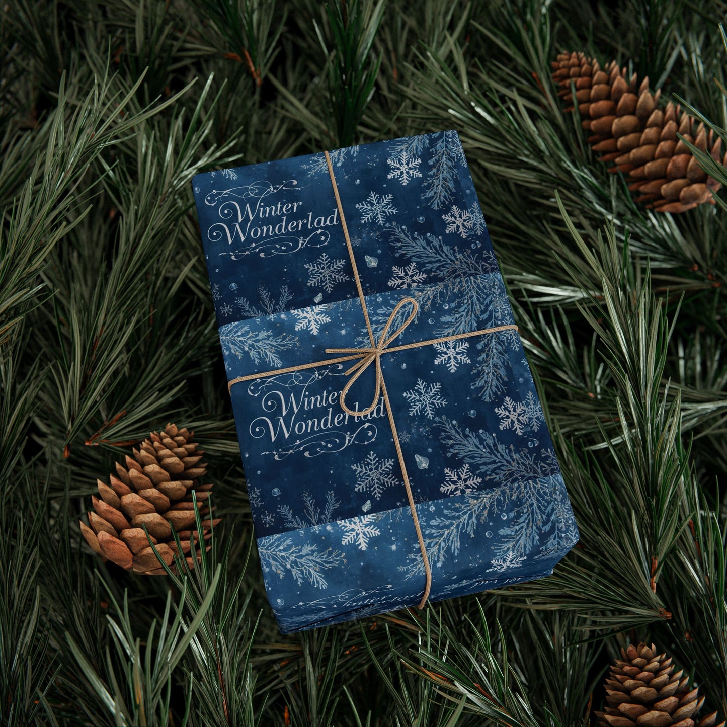 Wrapping Paper — Blue Snowflake Holiday Gift Wrap with "Happy Holidays" Script