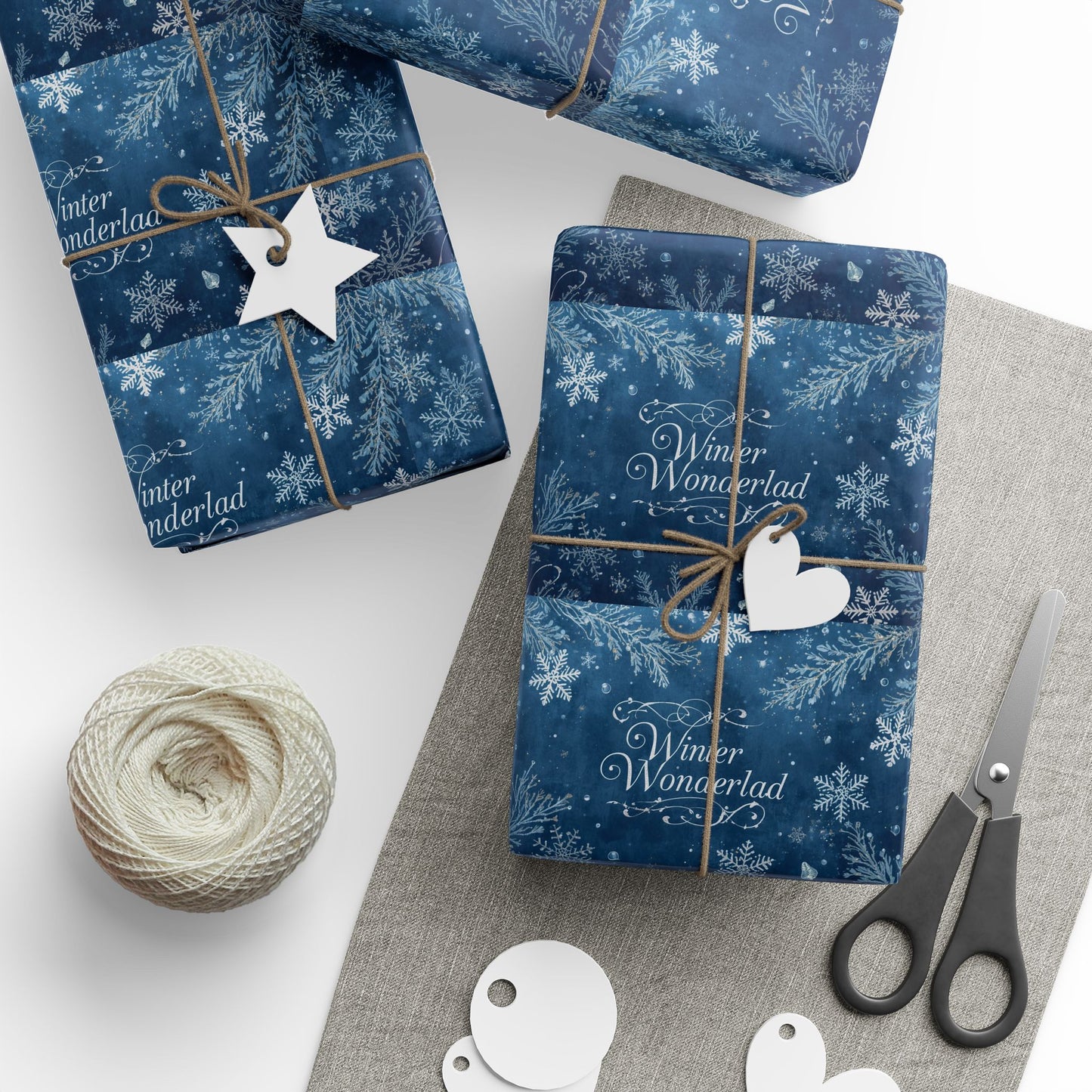 Wrapping Paper — Blue Snowflake Holiday Gift Wrap with "Happy Holidays" Script