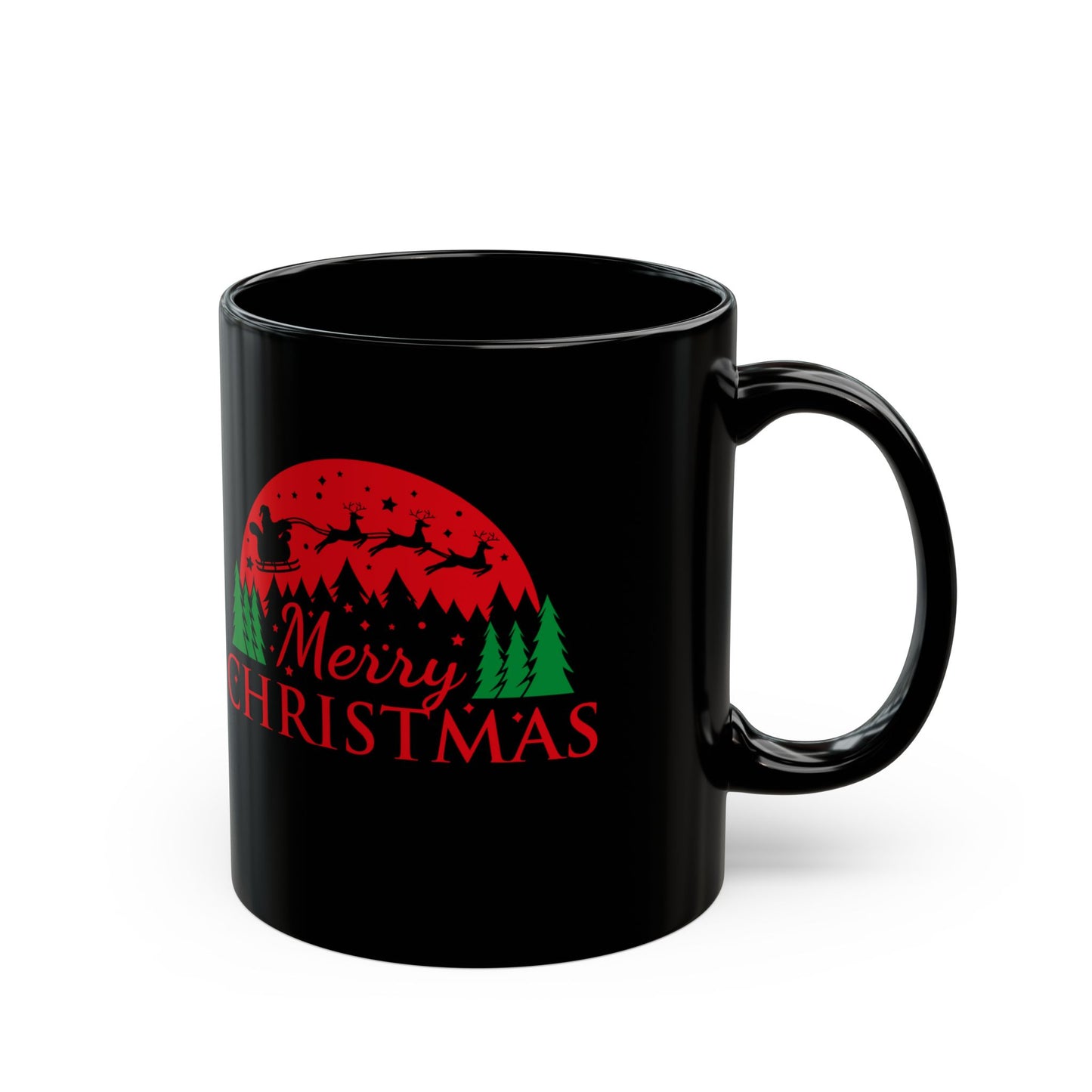 Christmas Santa Sleigh Black Mug – 'Merry Christmas' Holiday Coffee Cup (11oz/15oz)