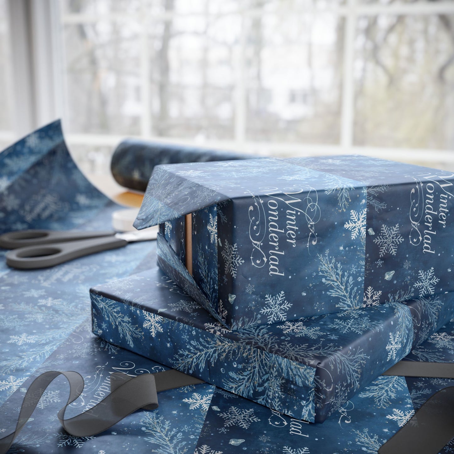 Wrapping Paper — Blue Snowflake Holiday Gift Wrap with "Happy Holidays" Script