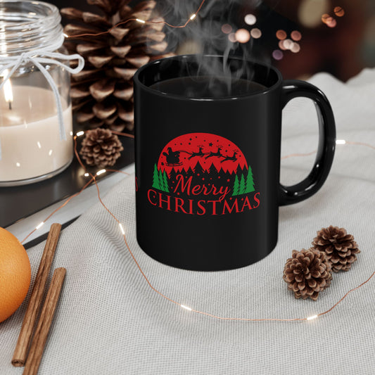 Christmas Santa Sleigh Black Mug – 'Merry Christmas' Holiday Coffee Cup (11oz/15oz)