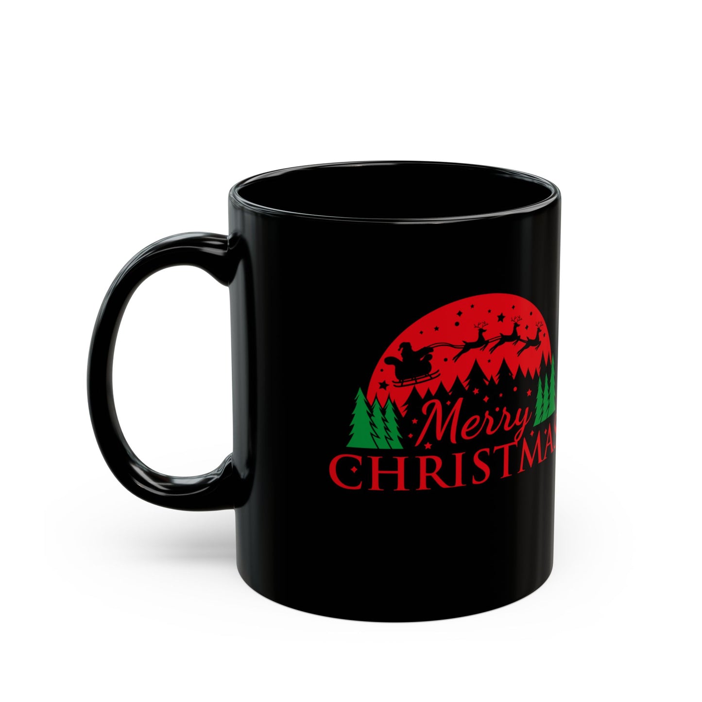 Christmas Santa Sleigh Black Mug – 'Merry Christmas' Holiday Coffee Cup (11oz/15oz)