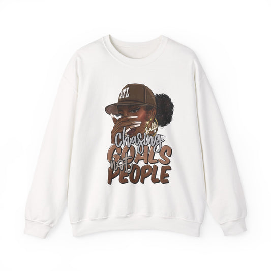 Crewneck Sweatshirt — "Chasing Goals Not People" Graphic (Girl with Cap)
