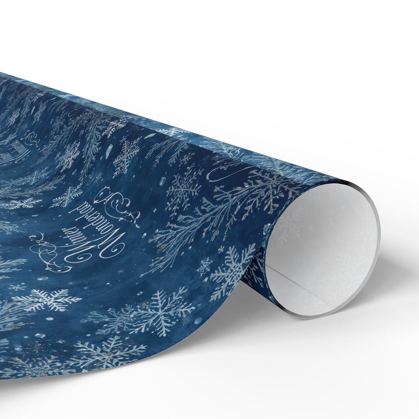 Wrapping Paper — Blue Snowflake Holiday Gift Wrap with "Happy Holidays" Script