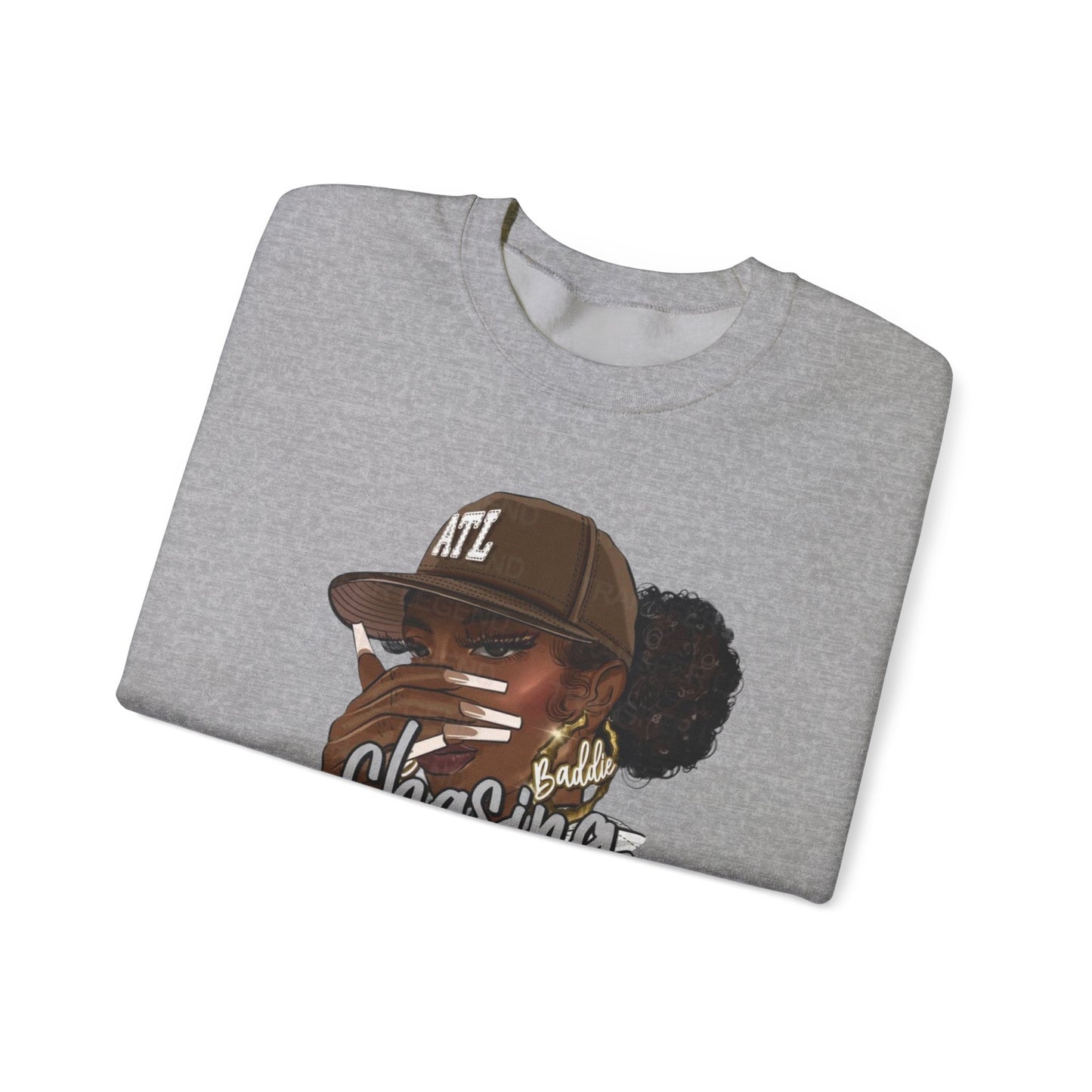 Crewneck Sweatshirt — "Chasing Goals Not People" Graphic (Girl with Cap)