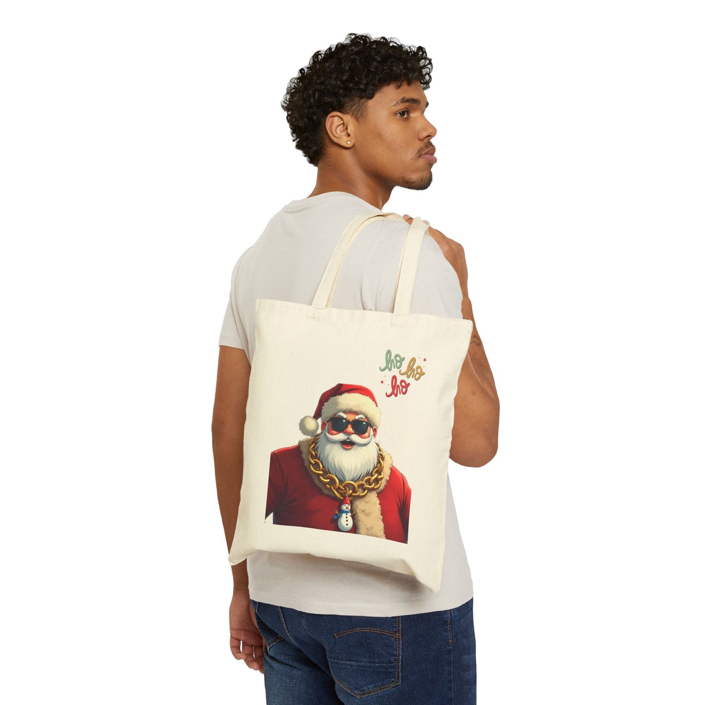 Santa with Gold Chain Tote Bag – "Ho Ho Ho" Christmas Canvas Tote