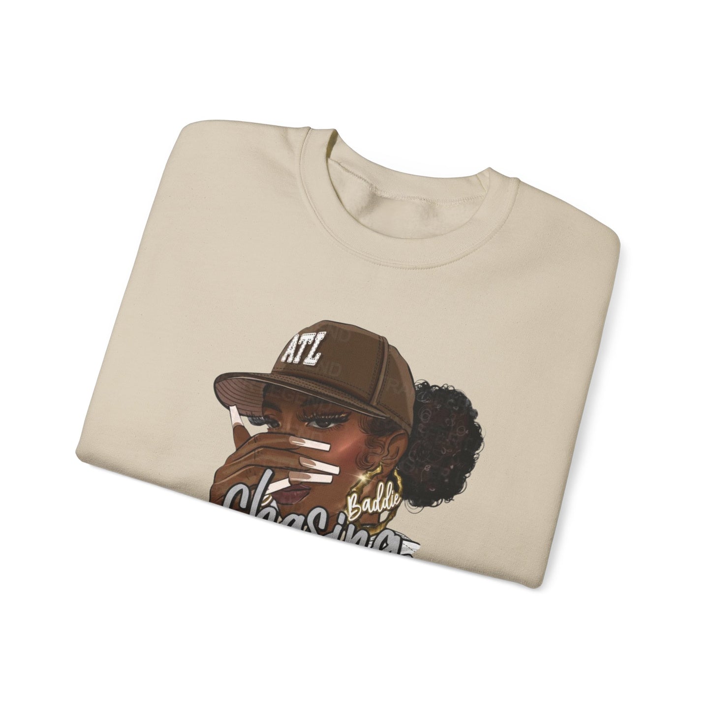 Crewneck Sweatshirt — "Chasing Goals Not People" Graphic (Girl with Cap)