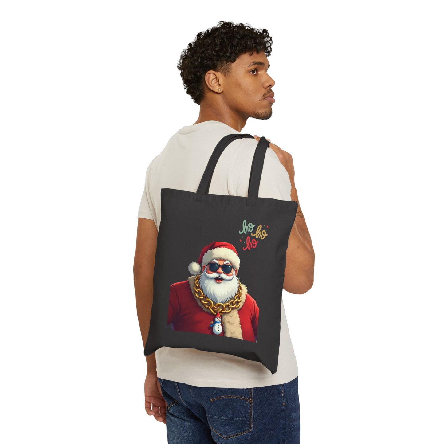 Santa with Gold Chain Tote Bag – "Ho Ho Ho" Christmas Canvas Tote