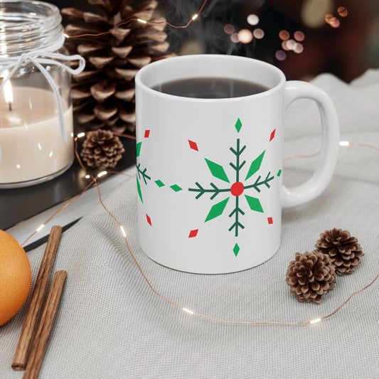 Holiday Snowflake Mug — Festive Red & Green Christmas Coffee Cup