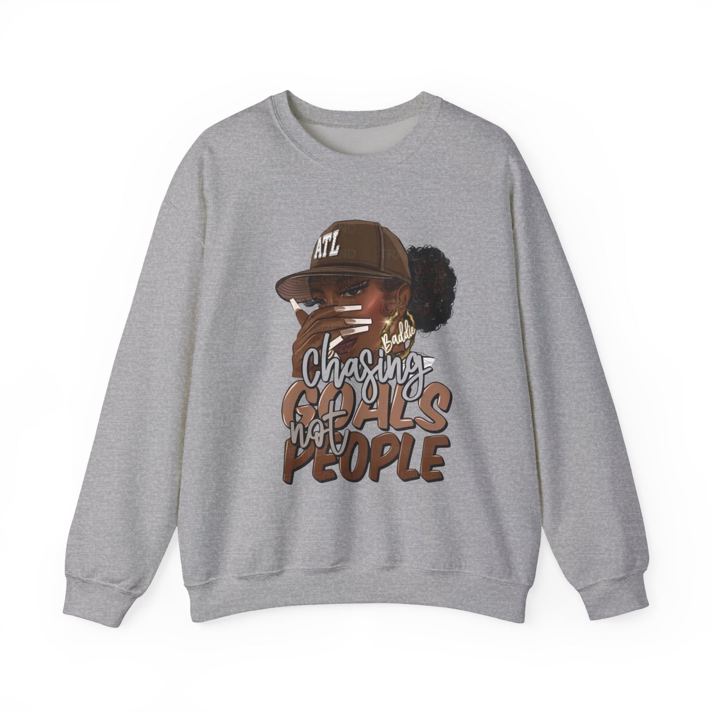 Crewneck Sweatshirt — "Chasing Goals Not People" Graphic (Girl with Cap)