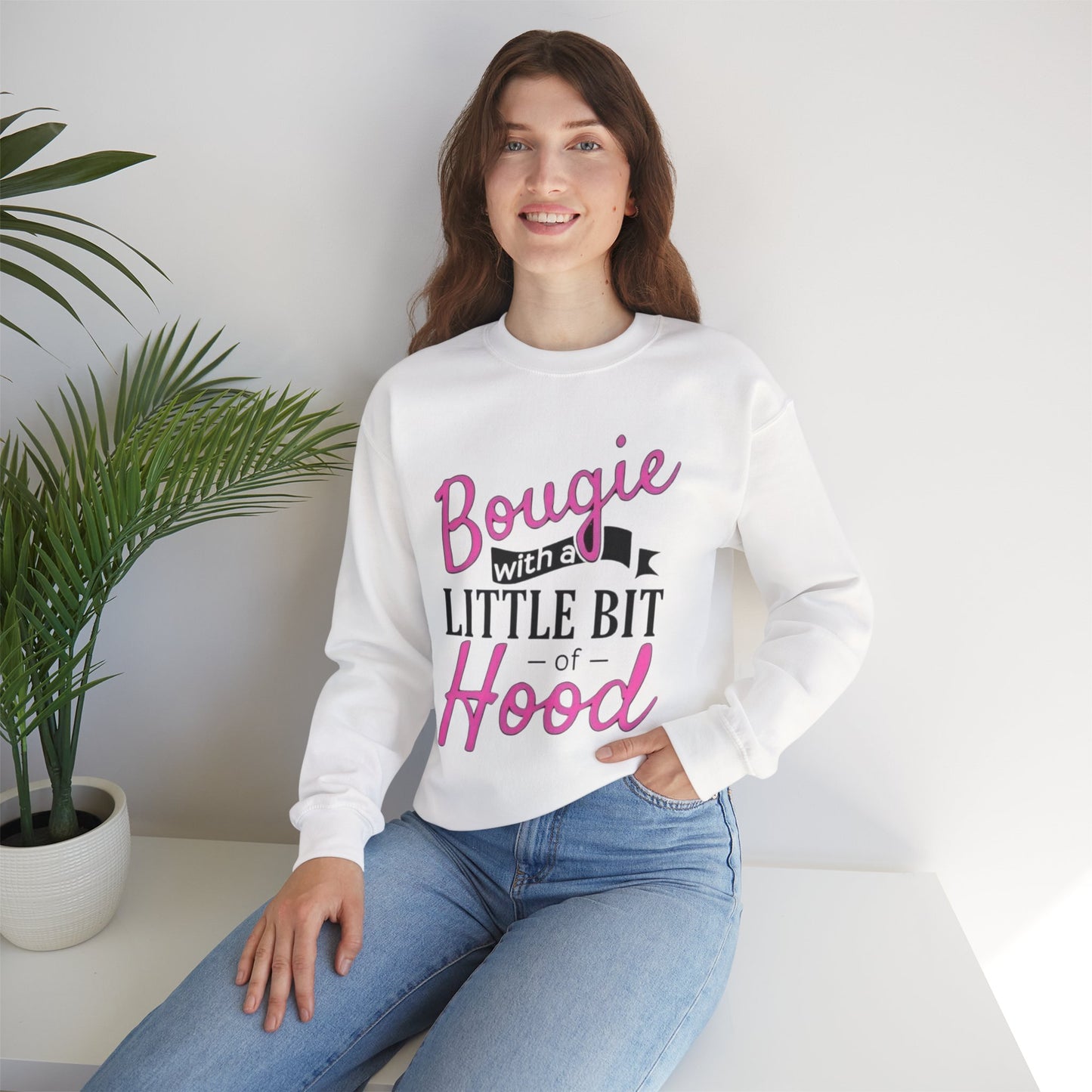 Crewneck Sweatshirt – "Bougie with a Little Bit of Hood" Pink Script Graphic