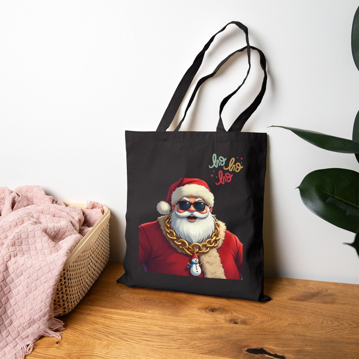 Santa with Gold Chain Tote Bag – "Ho Ho Ho" Christmas Canvas Tote